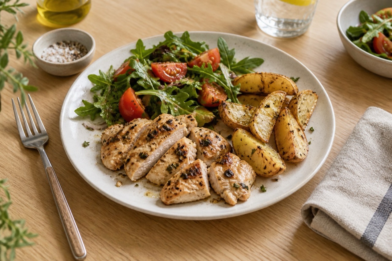 Plato equilibrado: pollo, patata y ensalada