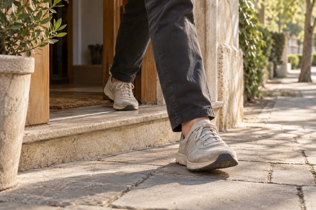 Saliendo de casa con zapatillas para caminar